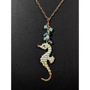 Vintage Catherine Popesco Blue Crystal Seahorse Pendant Necklace Beach Coastal